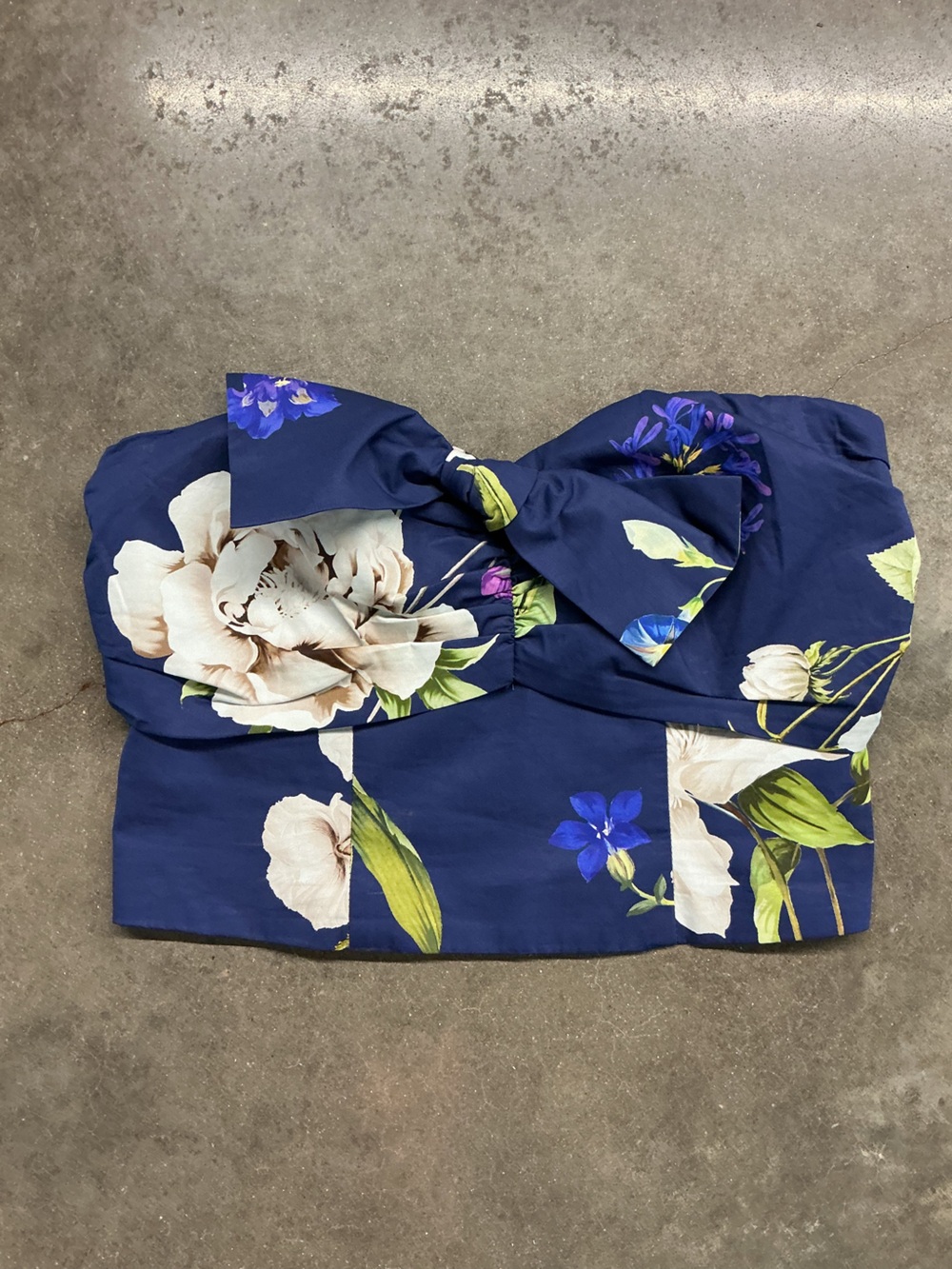 Express Navy Floral Crop Top Smocked Back Tie Waist S